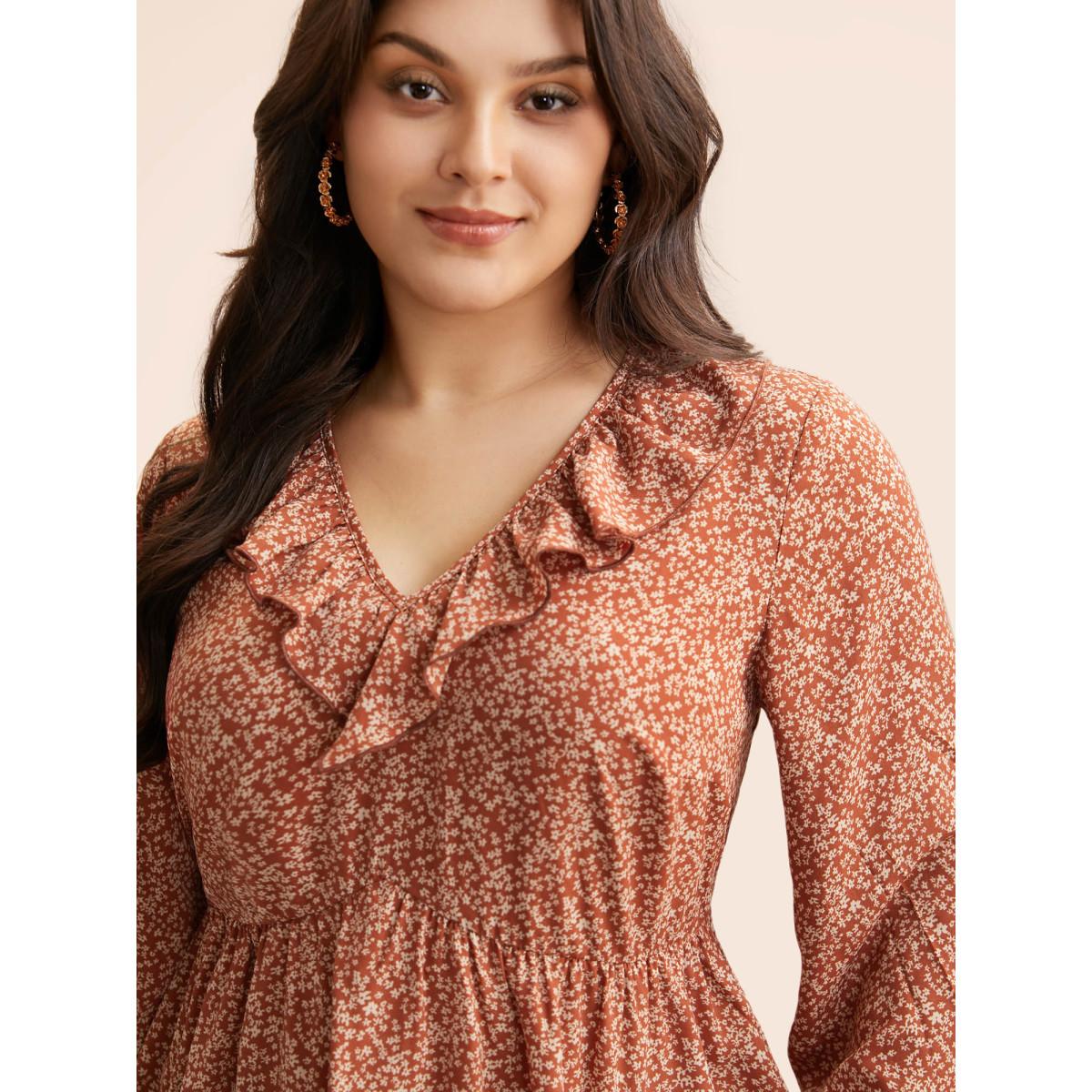 Plus Size Rust Ditsy Floral Ruffle Trim Shirred Blouse Women Elegant Long Sleeve V-neck Everyday Blouses BloomChic 12/L Product Image