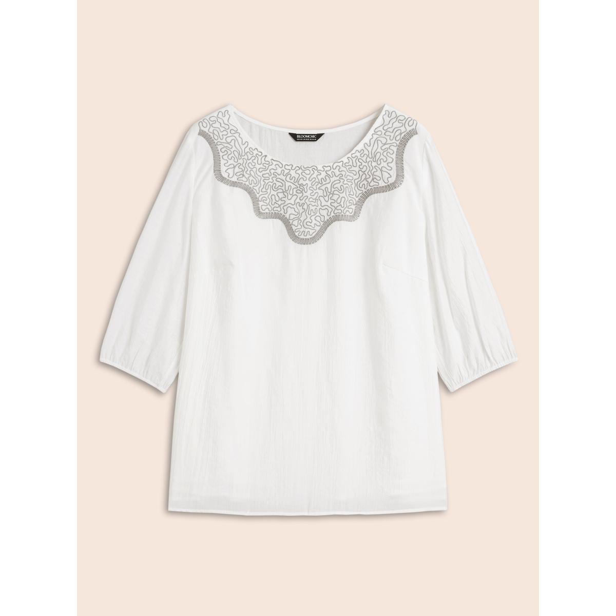 Plus Size WhiteSmoke Crew Neck Floral Embroidered Gathered Blouse Women Elegant Elbow-length sleeve Round Neck Everyday Blouses BloomChic 18-20/2X Product Image