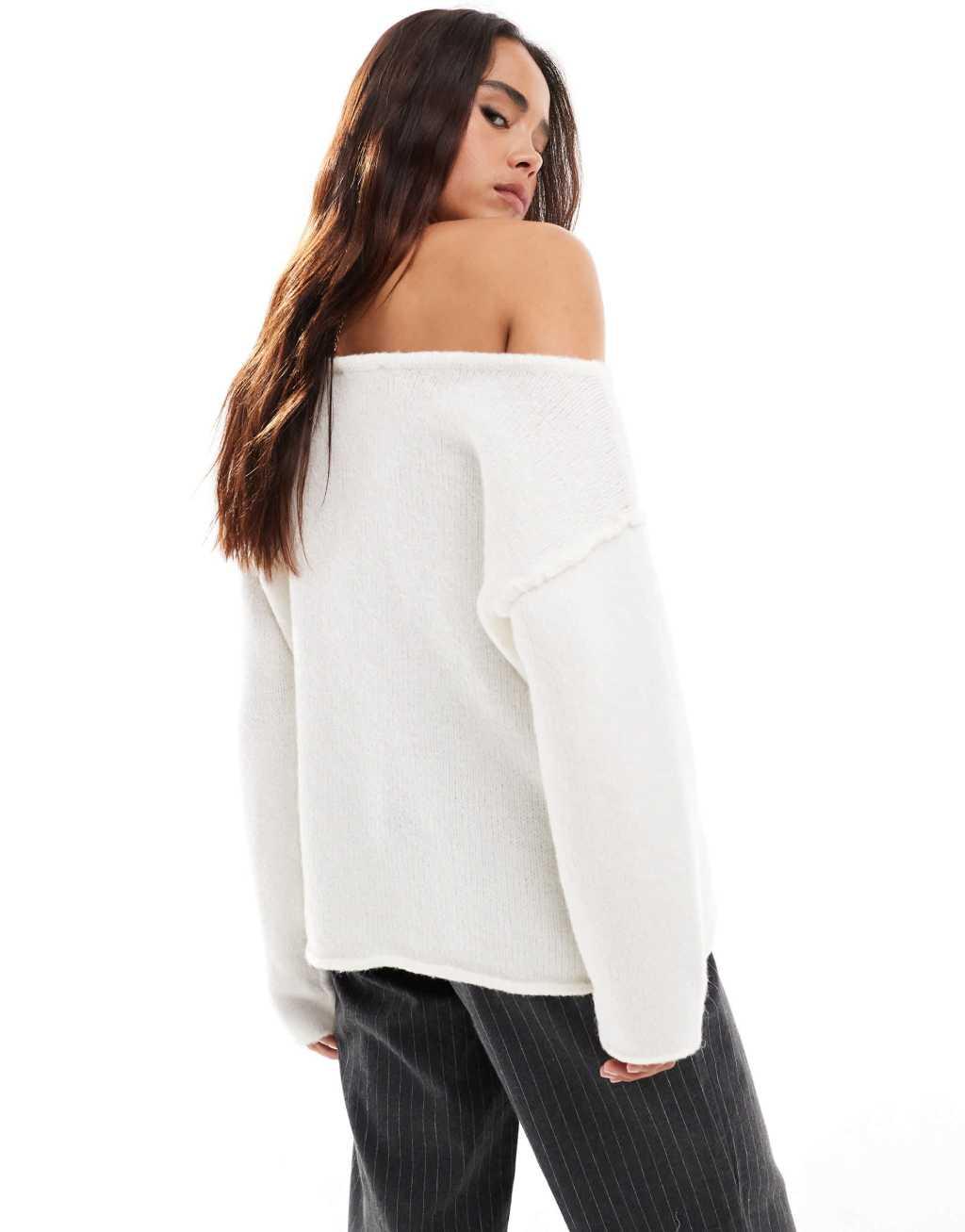 Miss Selfridge asymmetric off the shoulder slouchy cozy knit sweater in cream Product Image
