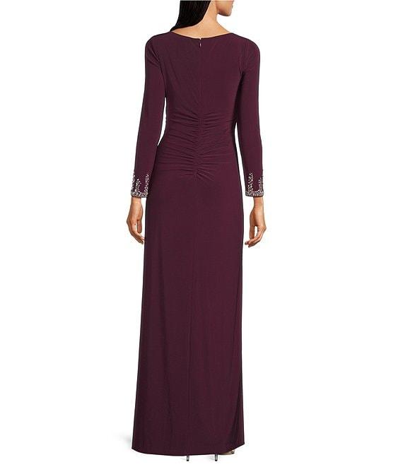 Betsy & Adam Long Sleeves With Beaded Embellishment Ruched Sheath Gown Product Image