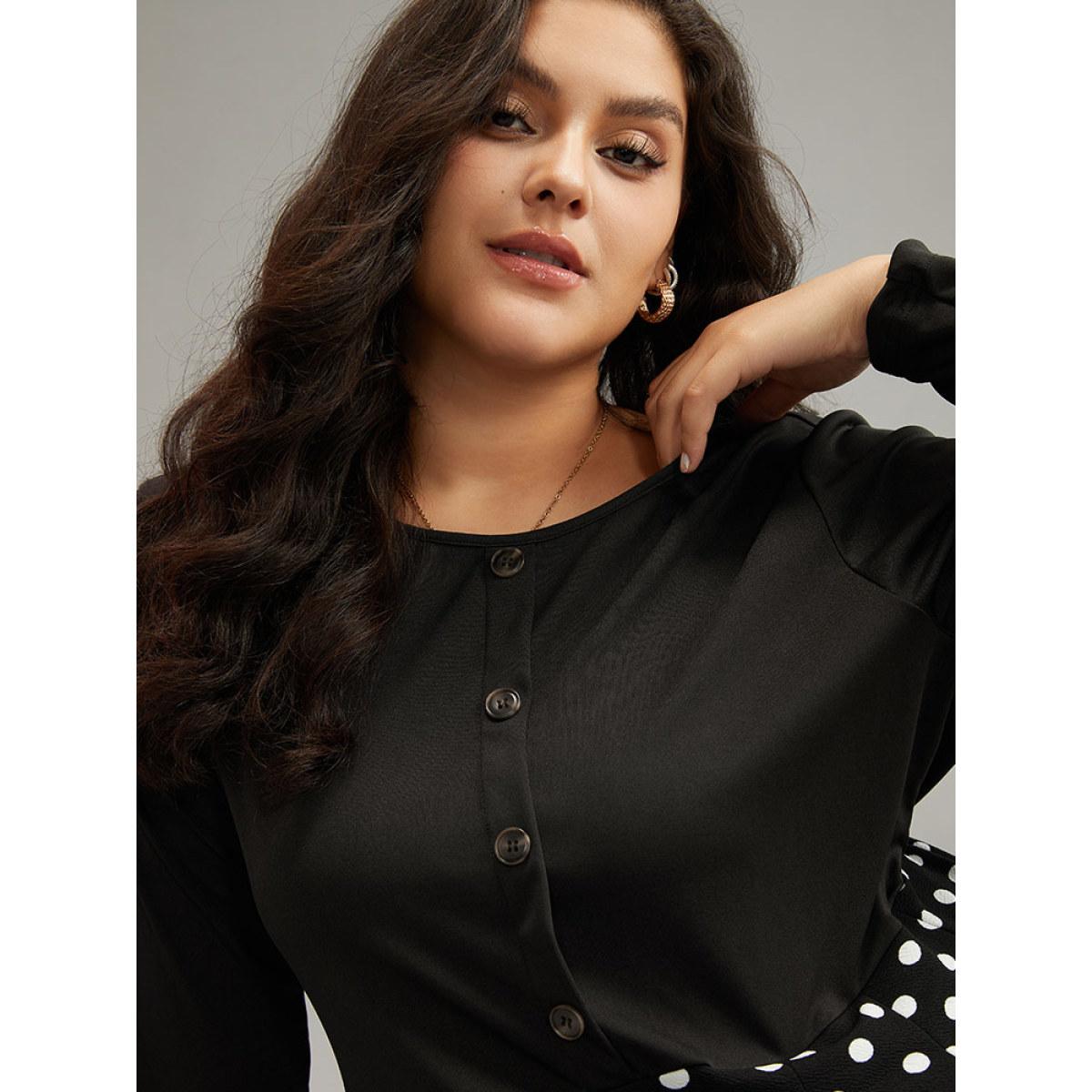 Plus Size Polka Dot Pocket Button Up Patchwork Dress Black Women Office Contrast Round Neck Long Sleeve Curvy Midi Dress BloomChic 12/L Product Image