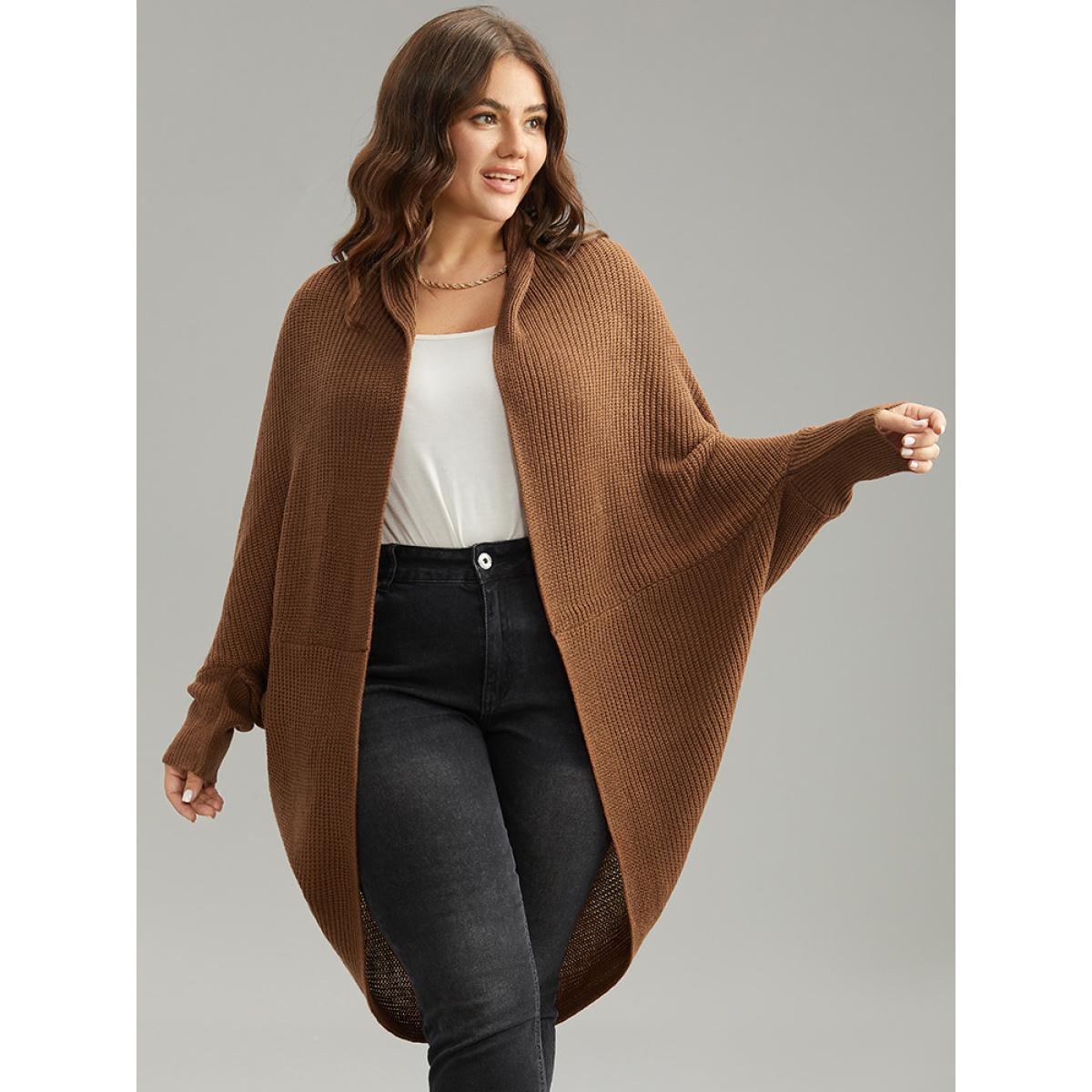 Plus Size Solid Dolman Sleeve Arc Hem Cardigan Brown Women Casual Loose Long Sleeve Dailywear Cardigans BloomChic 12/L Product Image