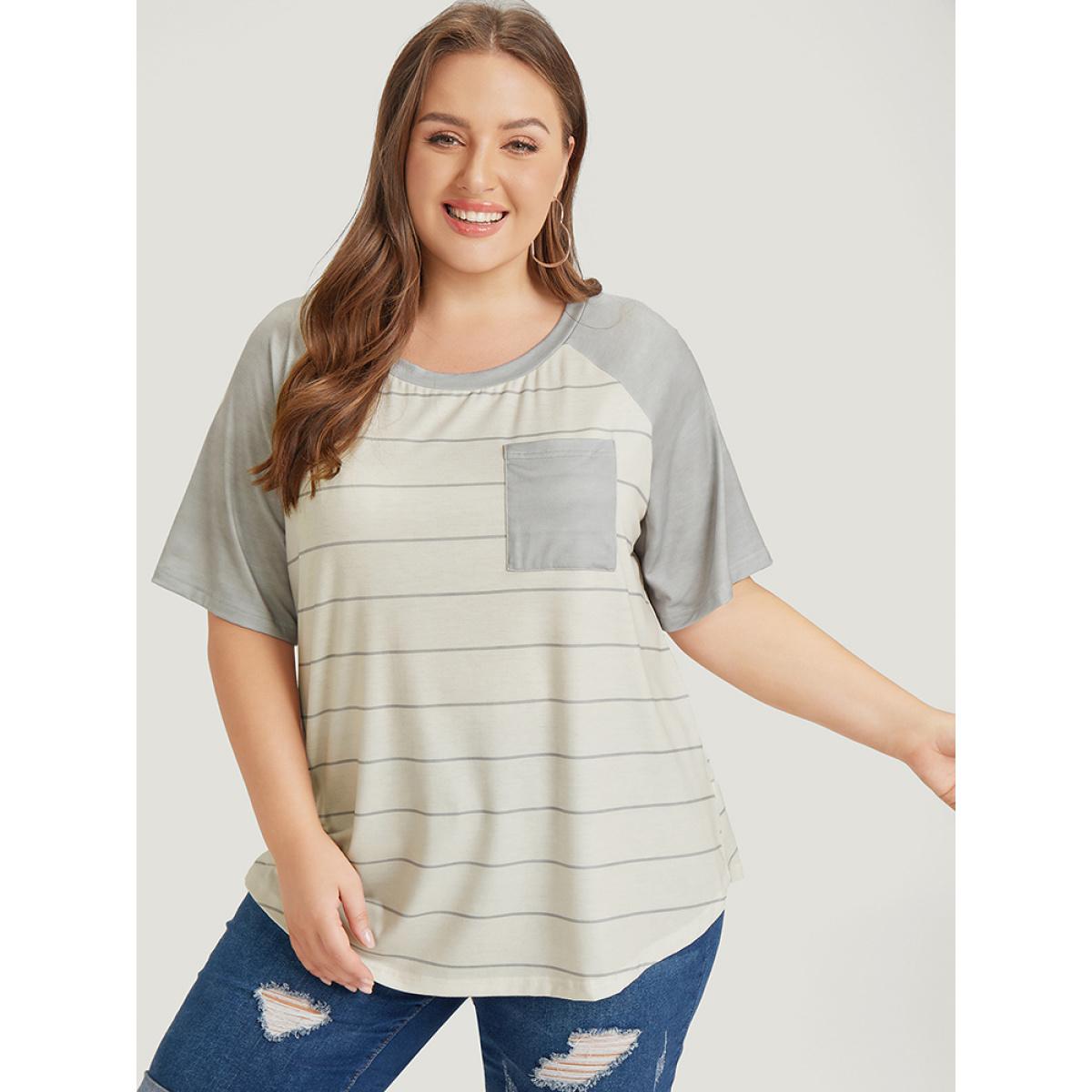 Plus Size Striped Patched Pocket Raglan Sleeve T-shirt Gray Women Casual Striped Round Neck Dailywear T-shirts BloomChic 26/4X Product Image