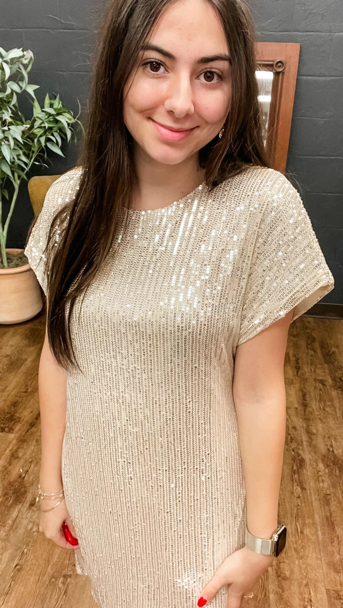 The Audrey | Taupe Short Sleeve Sequin Dress (Small to Large) Product Image