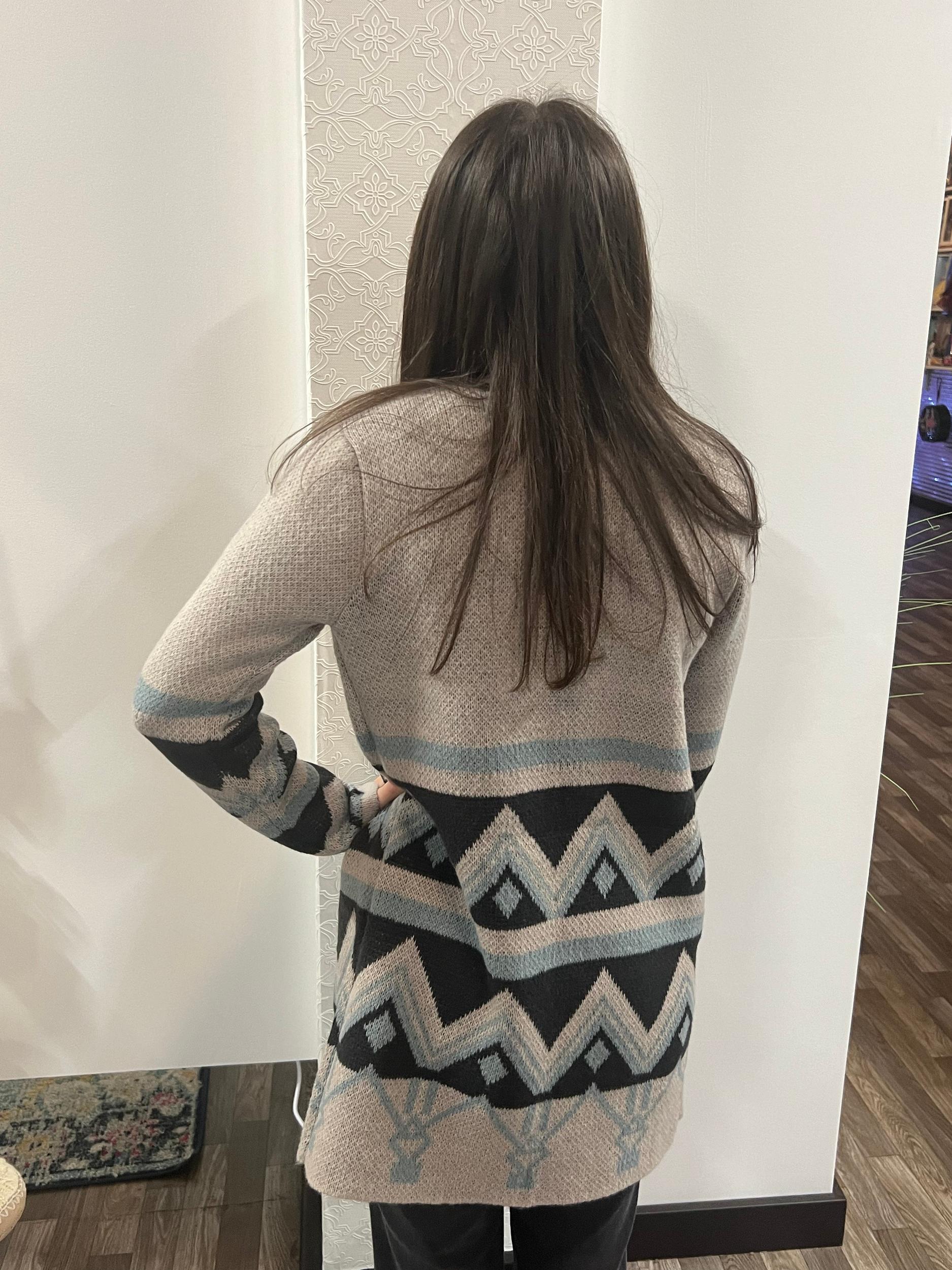 Women's Long Sleeve Gray Southwest Print Cardigan Sweater Product Image