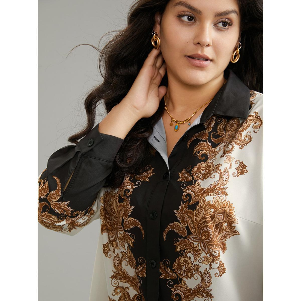 Plus Size Multicolor Boho Print Contrast Shirt Collar Blouse Women Vacation Long Sleeve Shirt collar Vacation Blouses BloomChic 22-24/3X Product Image