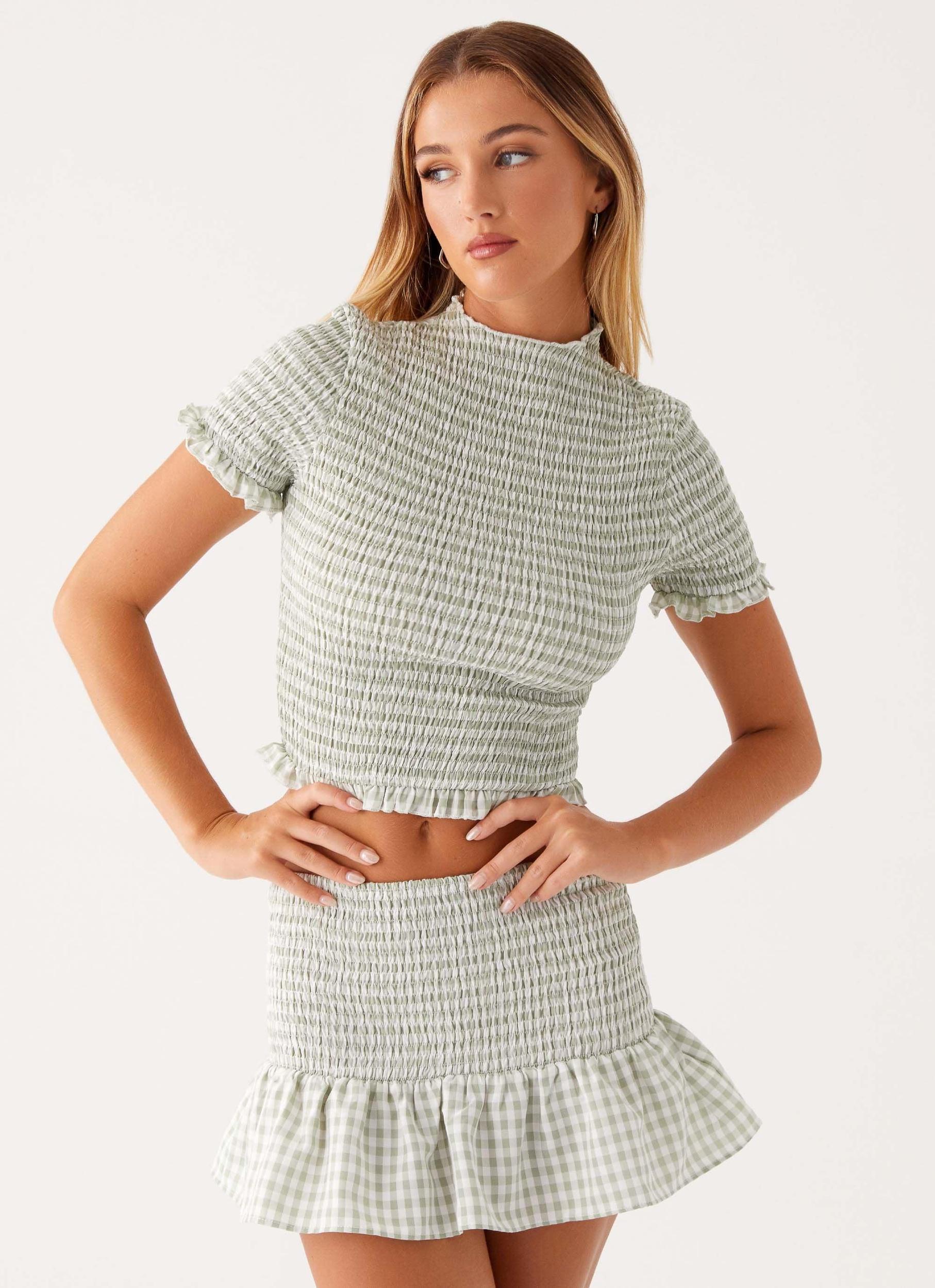 Sweetest Pie Mini Skirt - Sage Gingham Product Image