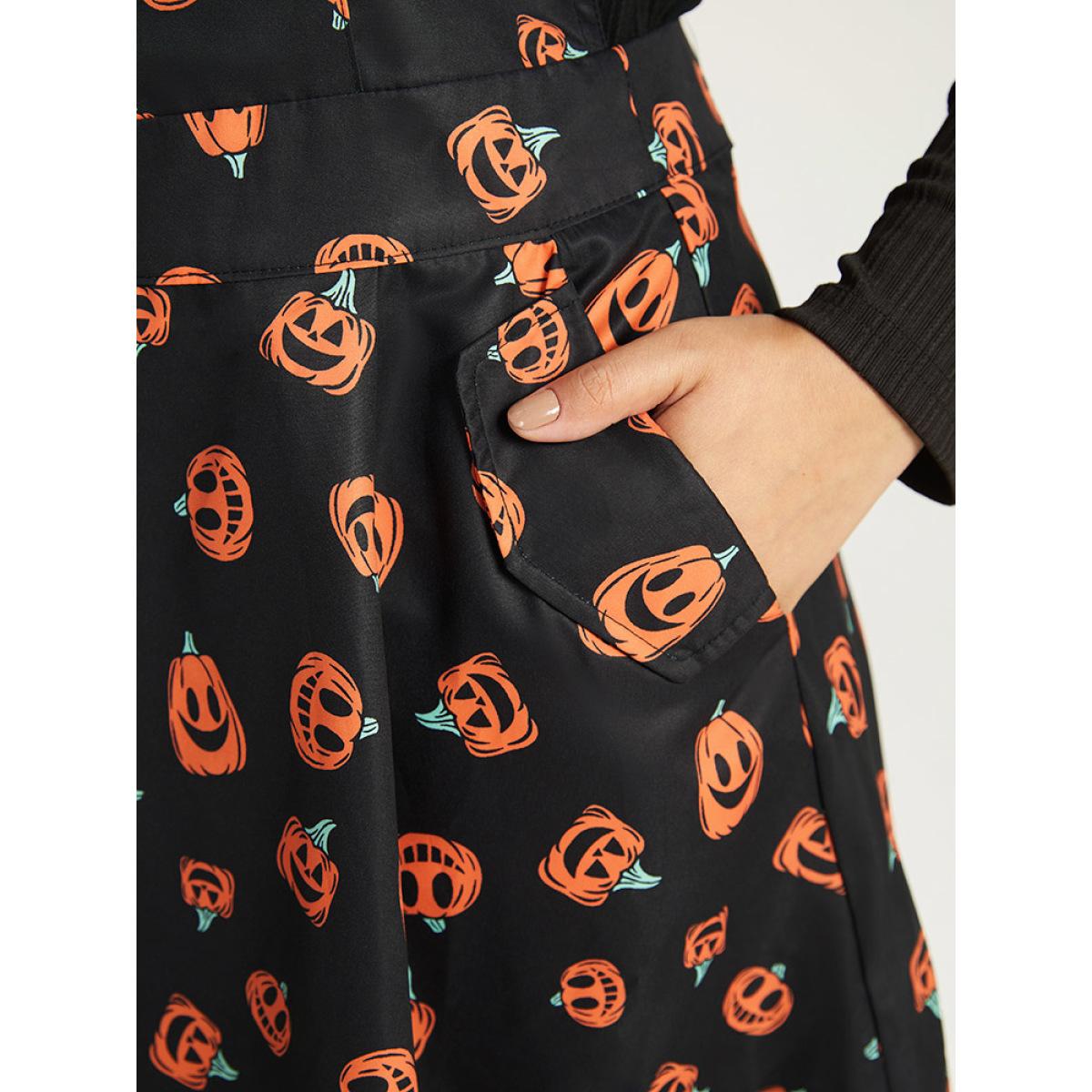 Plus Size Halloween Pocket Pumpkin Print Overall Cami Dress Black Women Playful Adjustable Straps Spaghetti Strap Sleeveless Curvy Midi Dress BloomChic 18-20/2X Product Image