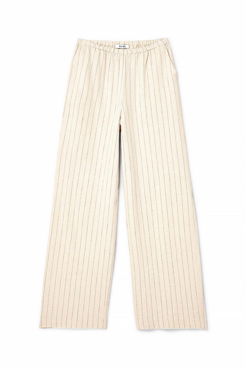 Elastic Mid Waist Linen Blend Pants Beige Product Image
