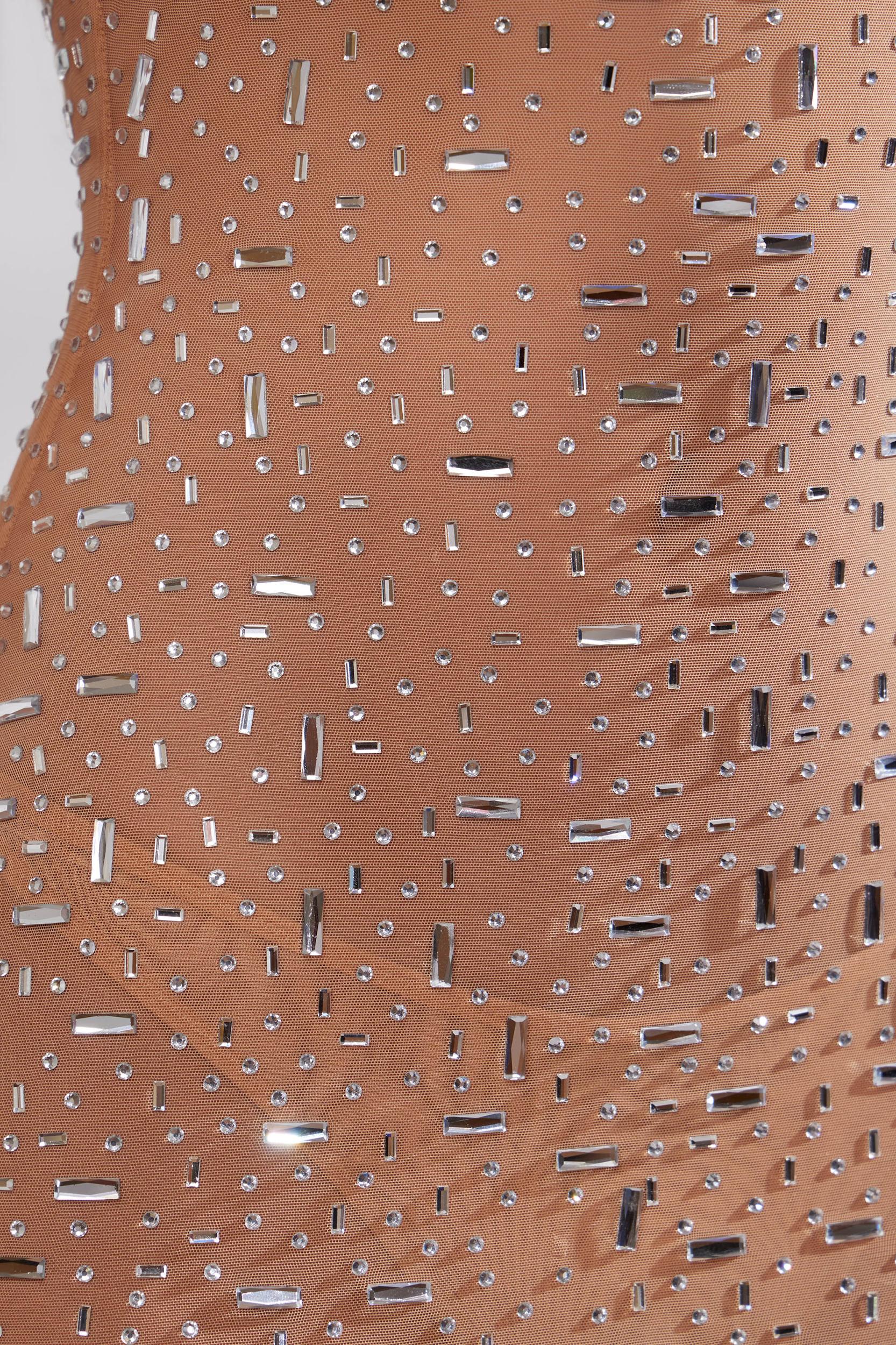 Sheer Embellished Scoop Neck Evening Gown in Almond Product Image