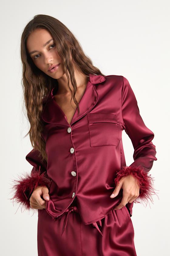 Dreamiest Delight Burgundy Satin Feather Two-Piece Pajama Set Product Image