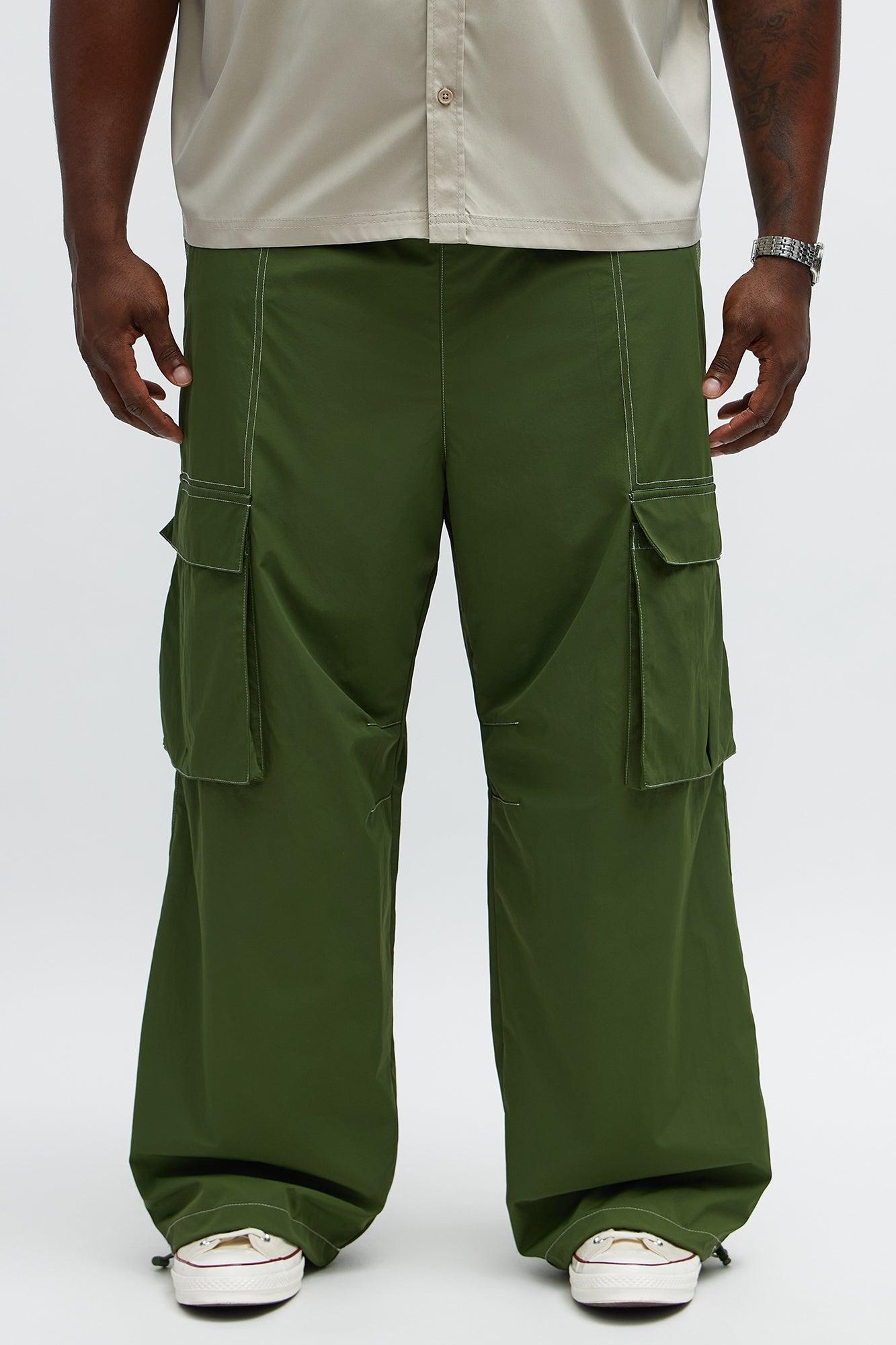 Baggy Stay Moving Contrast Stitch Nylon Cargo Pants - Olive Product Image