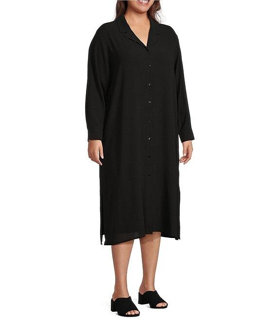 Eileen Fisher Plus Size Silk Georgette Crepe Notch Collar Long Sleeve Button Front Dress Product Image