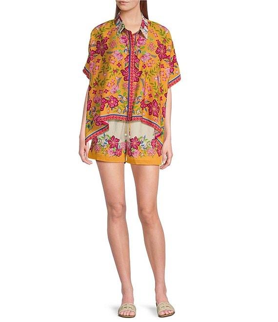 Skies Are Blue Floral Border Print Elastic Waist Coordinating Shorts Product Image