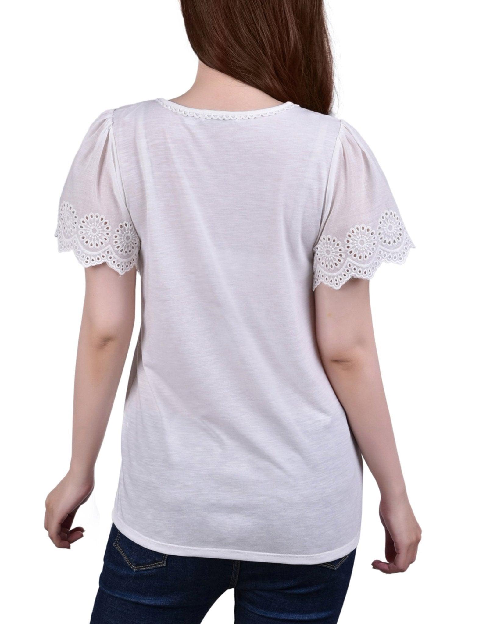 White Short Flutter Eyelet Sleeve Pullover - Petite Product Image