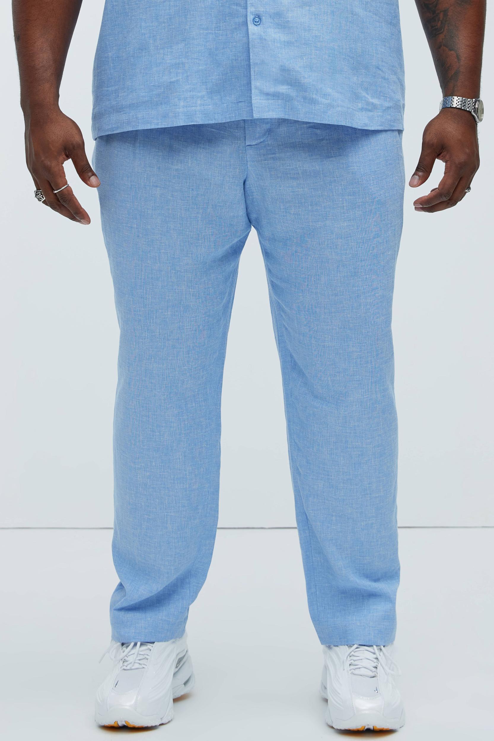 Bahamas Straight Pleated Linen Trousers - IceBlue Product Image