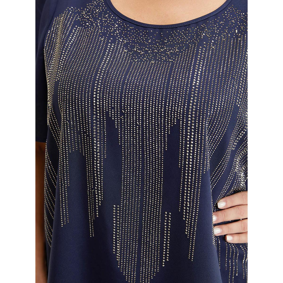 Plus Size Aegean Plain Rhinestones Detail Ruffles Sleeve Blouse Women Party Short sleeve Round Neck Dailywear Blouses BloomChic 26/4X Product Image