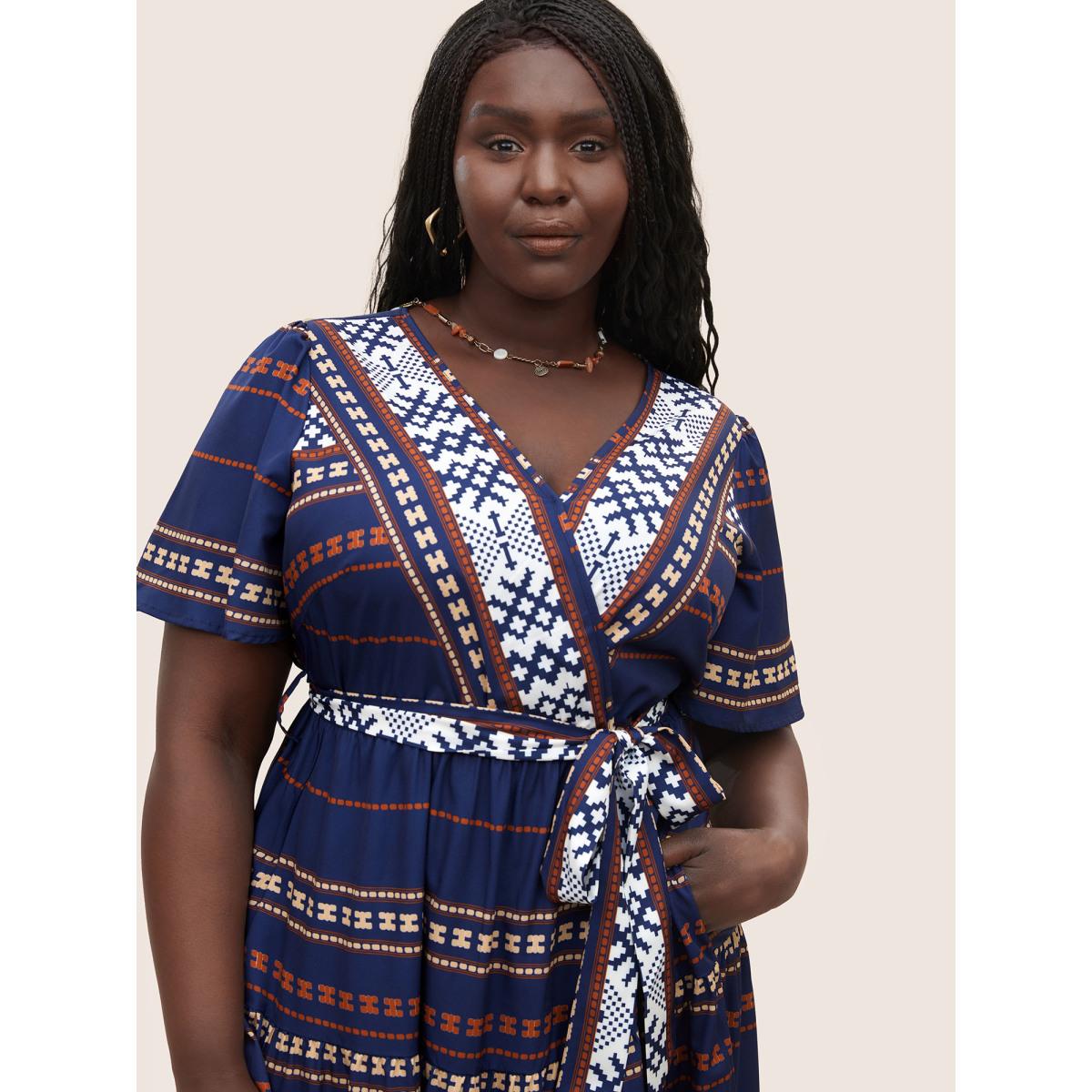 Plus Size Boho Print Wrap Flutter Sleeve Belted Dress DarkBlue Women Resort Overlapping Overlap Collar Short sleeve Curvy Midi Dress BloomChic 10/M Product Image