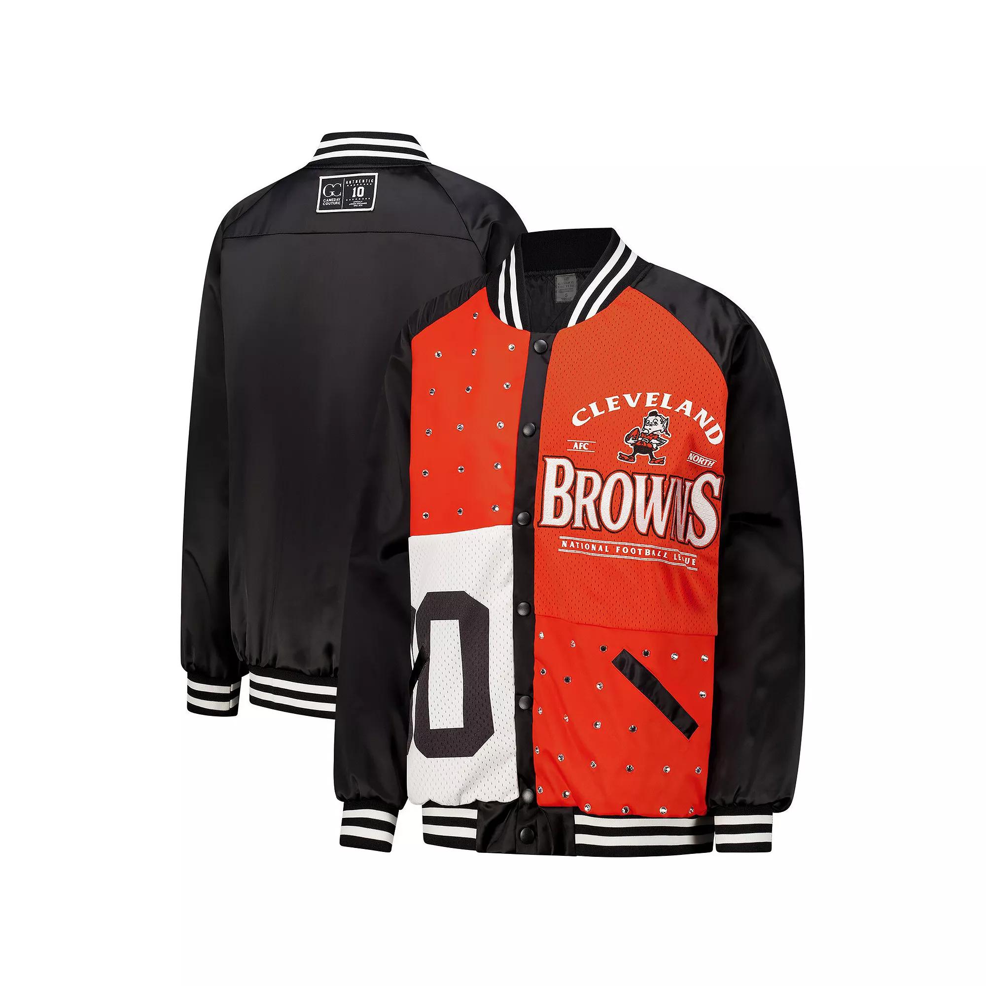 Womens Gameday Couture /Orange Cleveland Browns Oversized Hot Shot Rhinestone Throwback Full-Snap Varsity Bomber Jacket Product Image