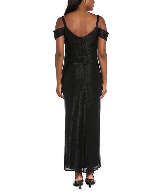 R & M Richards Festival Crinkle Cowl Neck Cold Shoulder Sleeve Metallic Gown Product Image