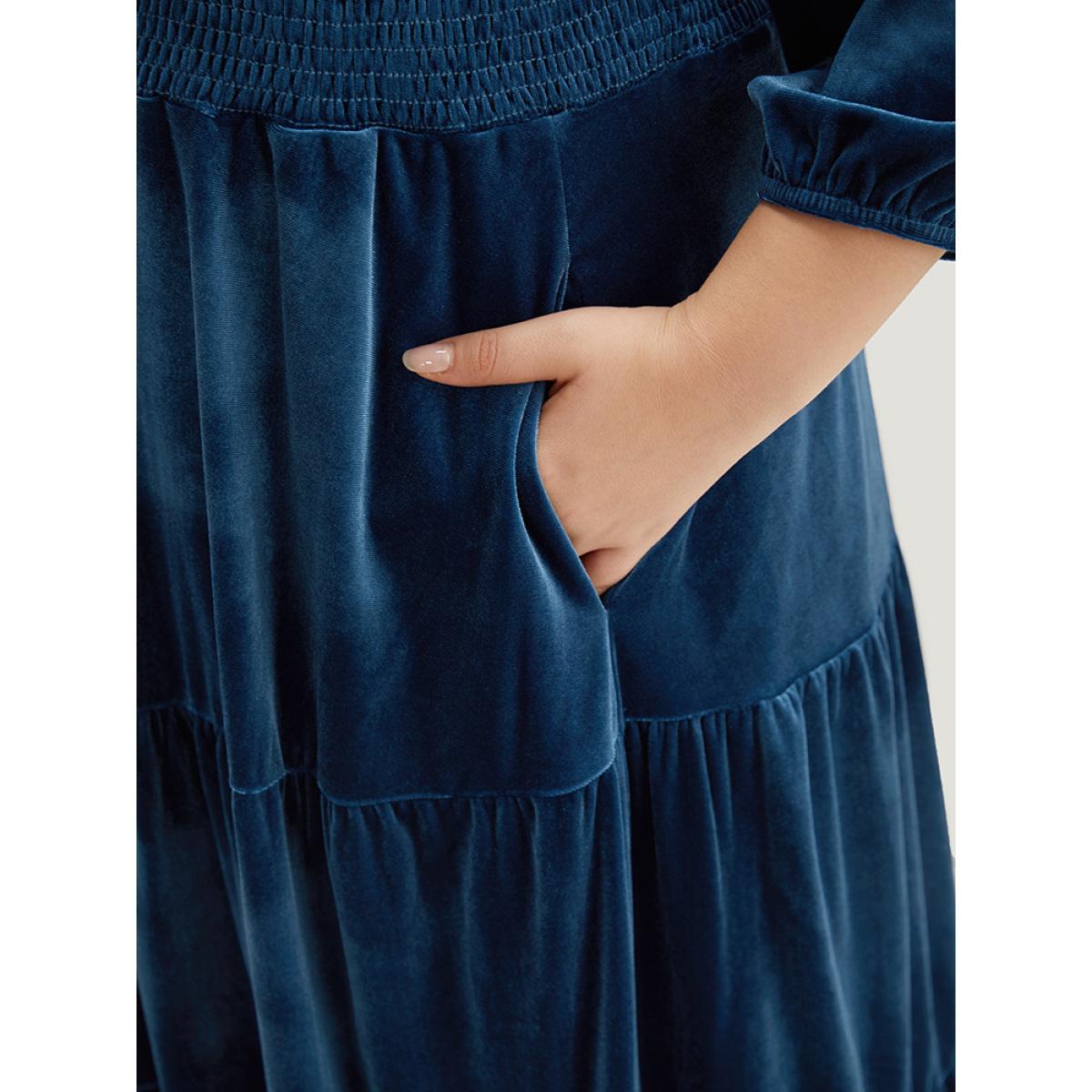 Plus Size Velvet Solid Notched Shirred Tiered Hem Dress Cerulean Women Vacation Elastic cuffs Notched collar Elbow-length sleeve Curvy Midi Dress BloomChic 14-16/1X Product Image