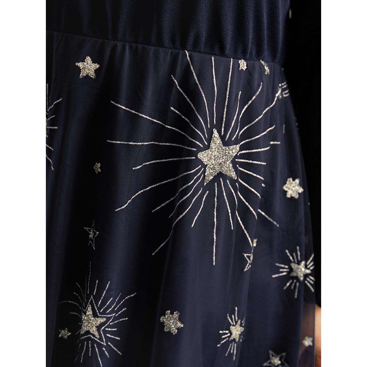Plus Size Star Glitter Mesh Patchwork Notched Dress Midnight Women Party Elastic cuffs Notched collar Long Sleeve Curvy Midi Dress BloomChic 10/M Product Image