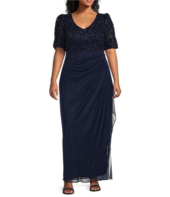 Alex Evenings Plus Size Lace Soutache Bodice V-Neck Short Sleeve Cascade Ruffle Empire Waist Dress Product Image