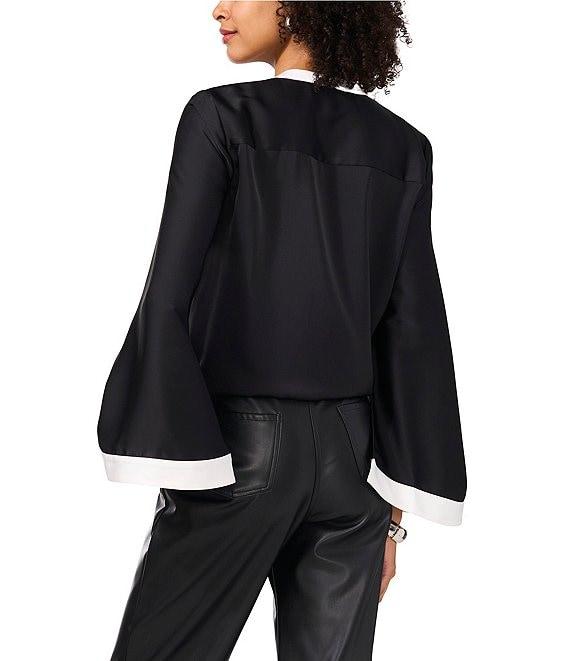 Vince Camuto Woven Contrast Trim Split V-Neck Flare Sleeve Tie Front Blouse Product Image