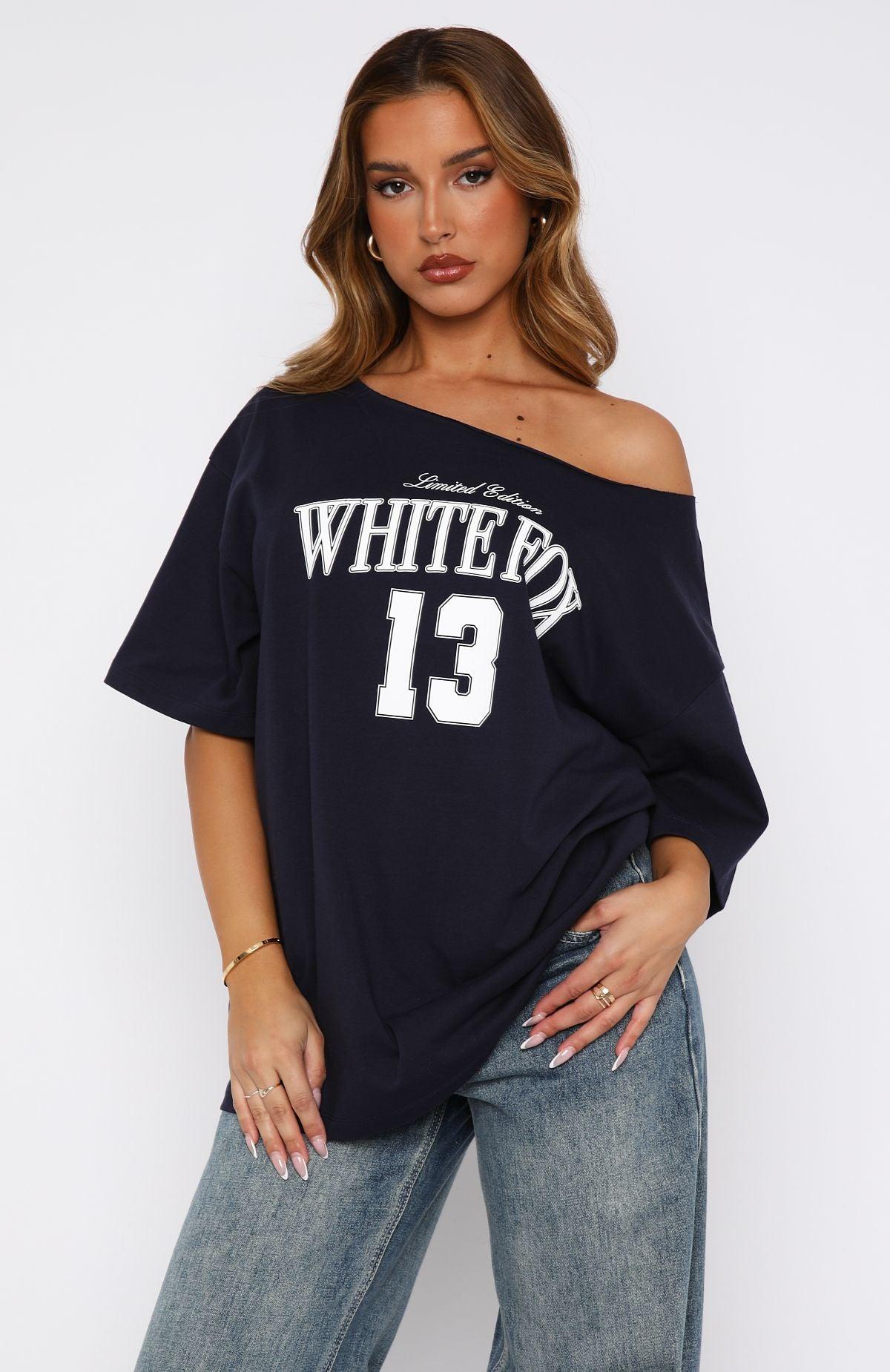 Everything In Time Off Shoulder Oversized Tee Navy Product Image