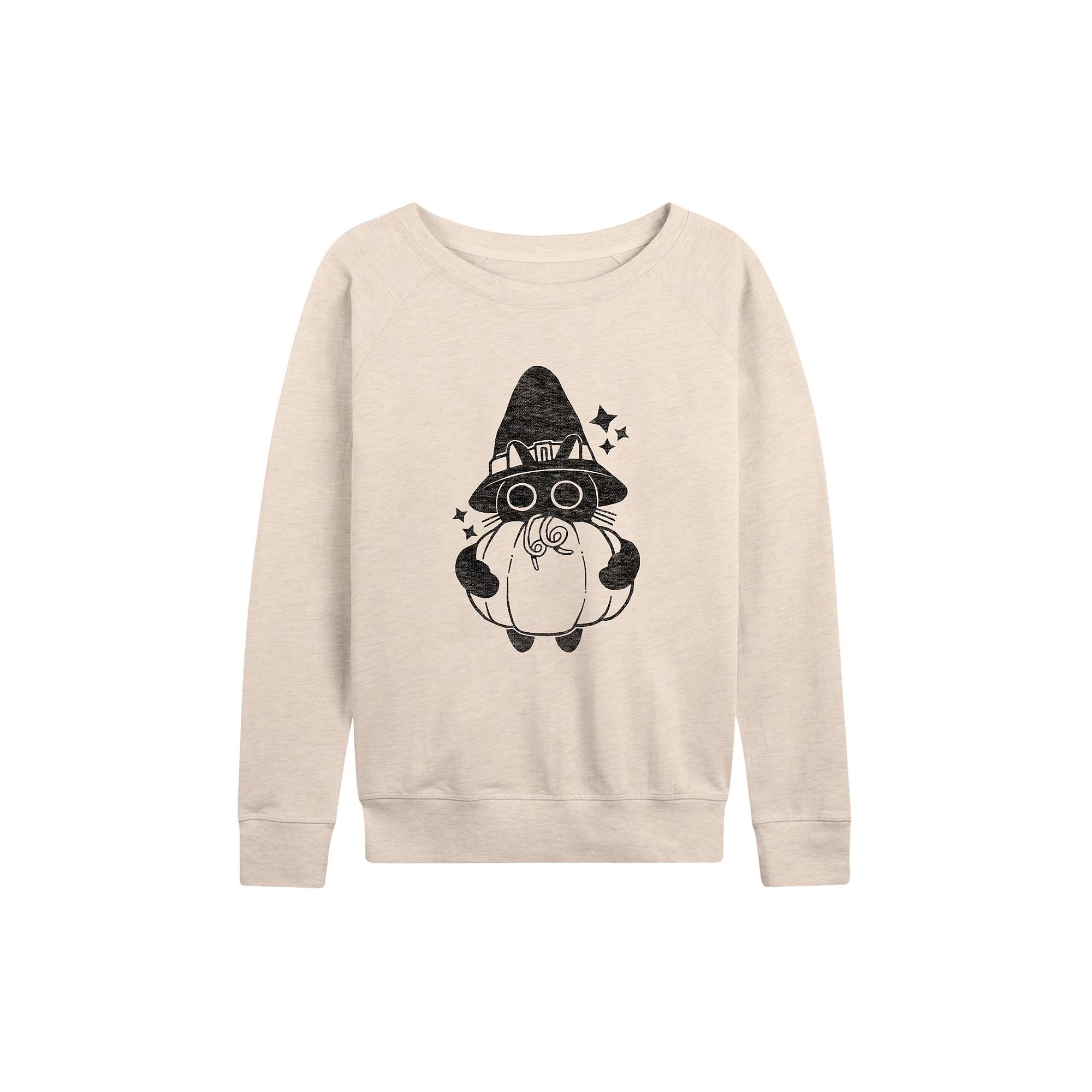 Women's Witch Cat With Pumpkin Halloween French Terry Long Sleeve Tee,  Product Image