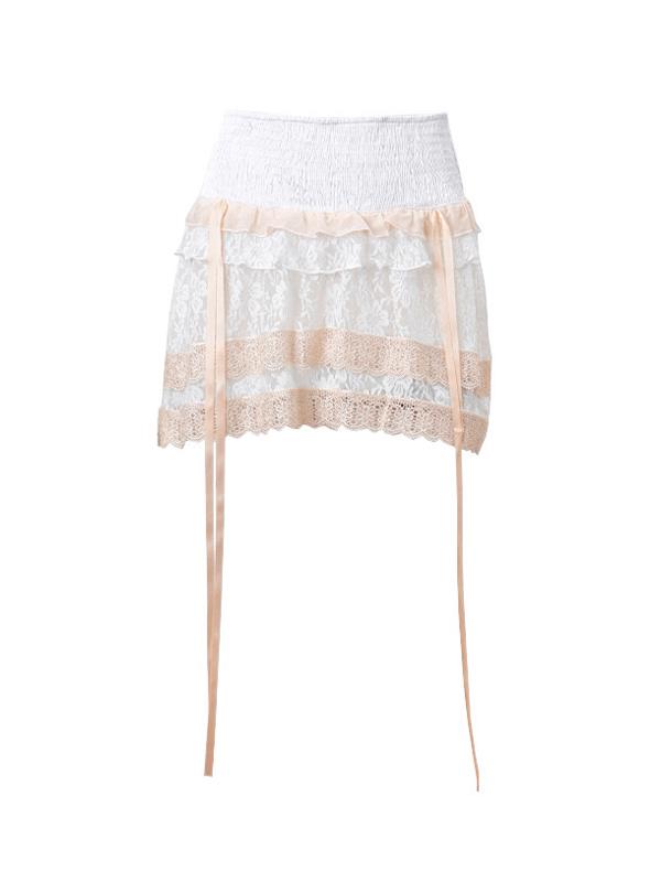 Contrast Pleated Lace Lace Low Waist And Hip-Hugging Mini Skirt Product Image