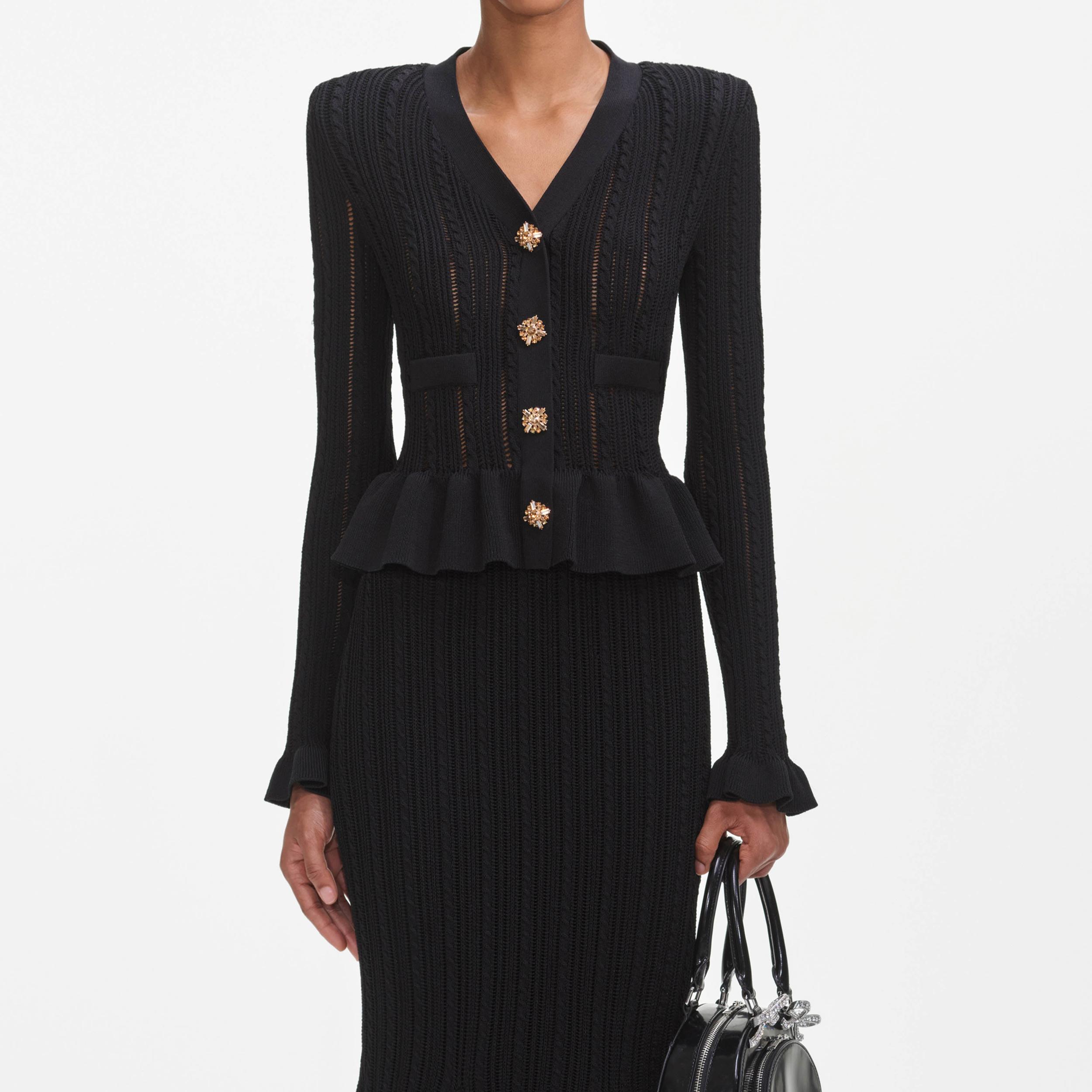 Black Knit Peplum Midi Dress Product Image