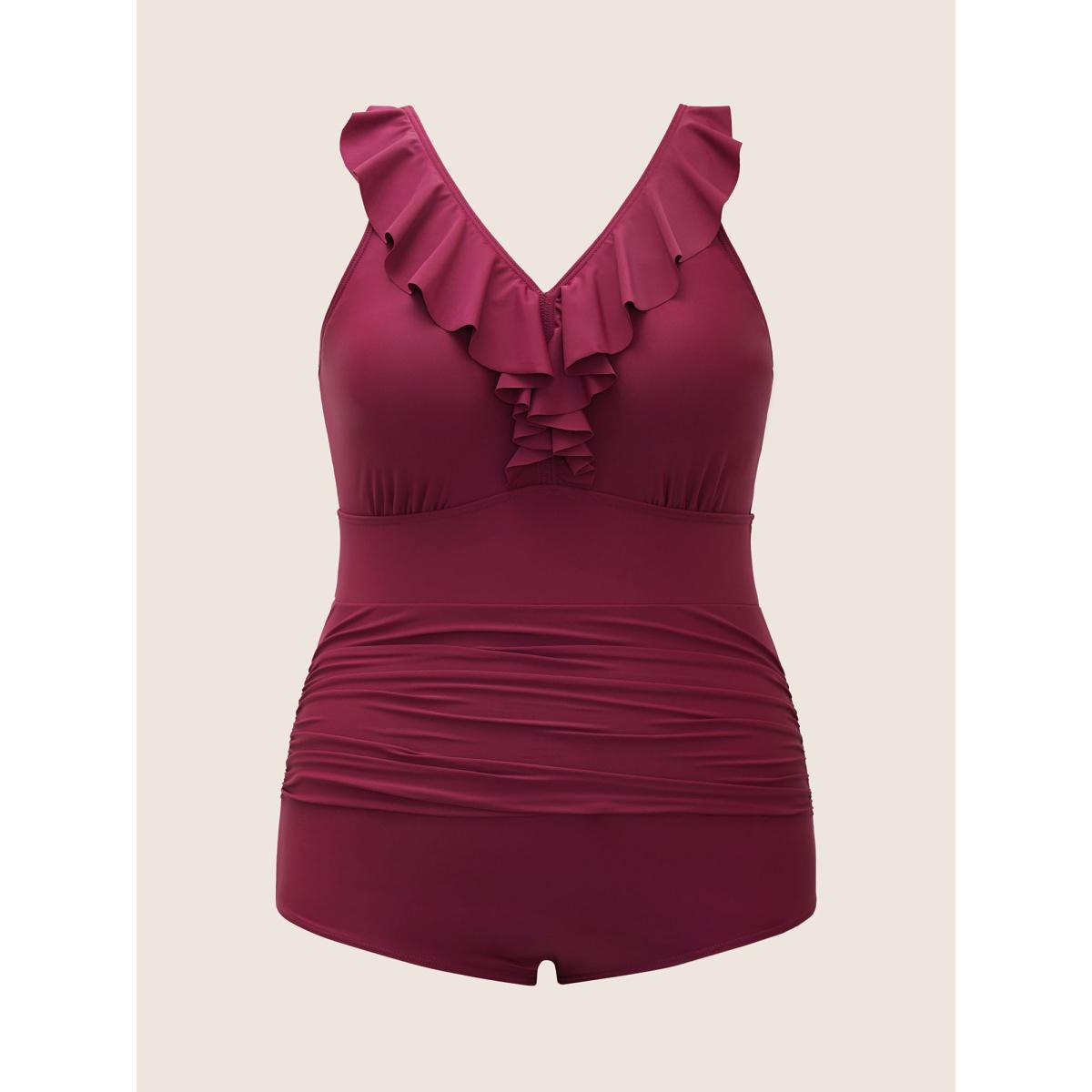 Plus Size Plain Ruffle Trim Gathered Sleeveless One Piece Swimsuit Women's Swimwear RedViolet Beach Gathered Curve Bathing Suits High stretch One Pieces BloomChic 12/L Product Image