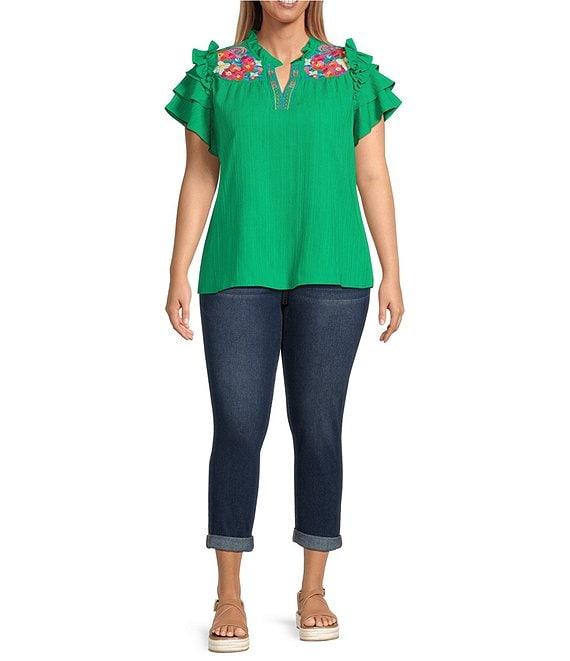 Calessa Plus Size Embroidered Split V-Neck Short Ruffle Sleeve Tunic Product Image