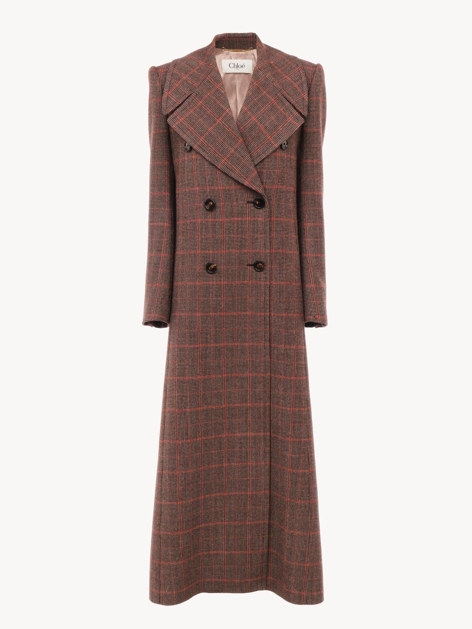 Long double-breasted coat in check wool Product Image