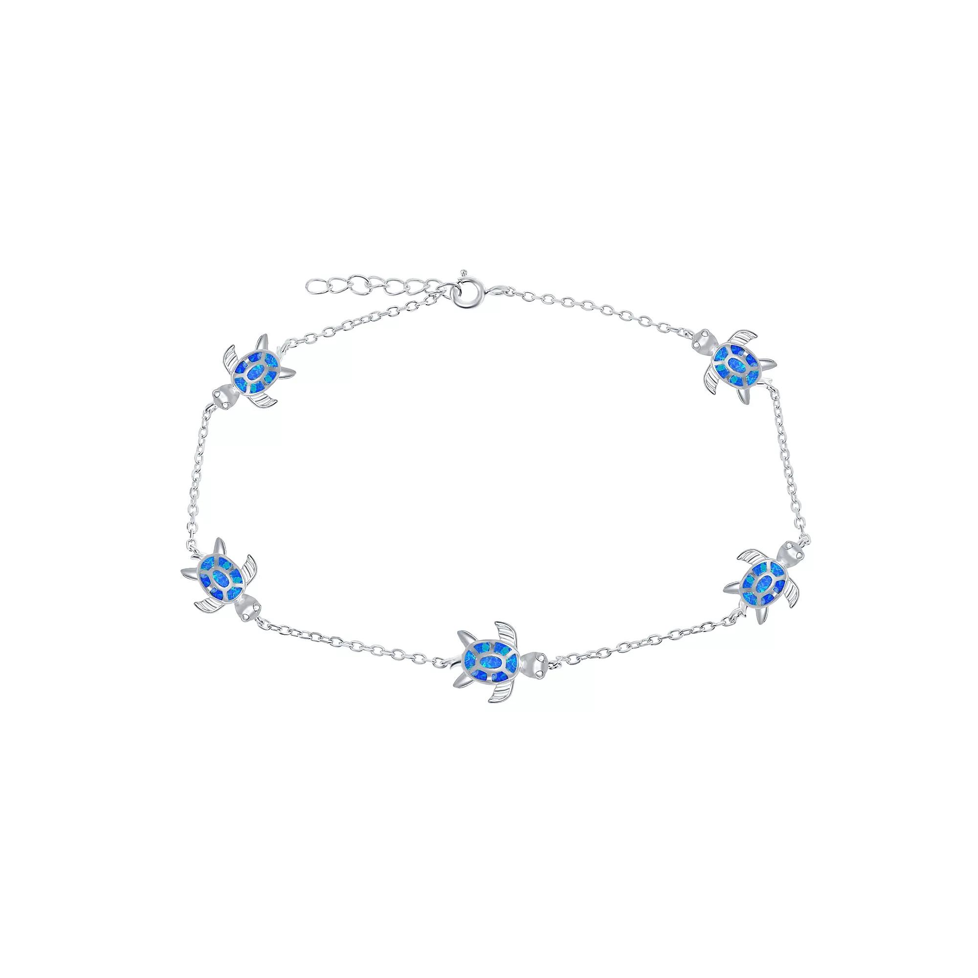 Sterling Silver Lab-Created Opal Sea Turtle Anklet, Womens Blue Product Image
