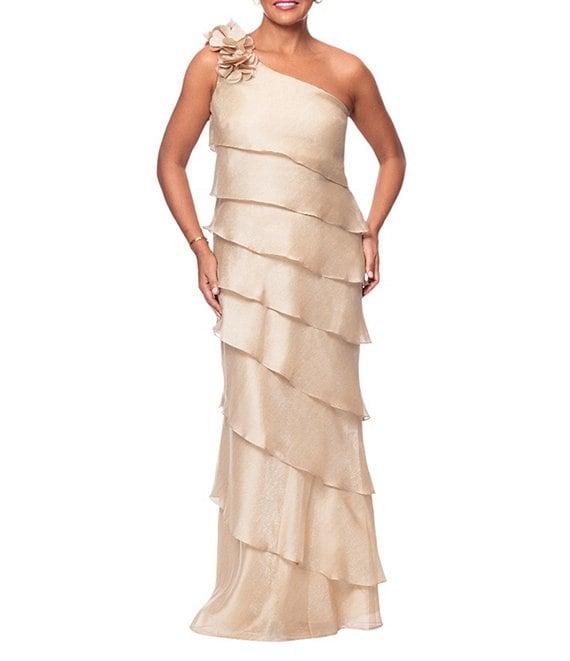 Xscape Metallic Organza One Shoulder Sleeveless Rosette Tiered Gown Product Image