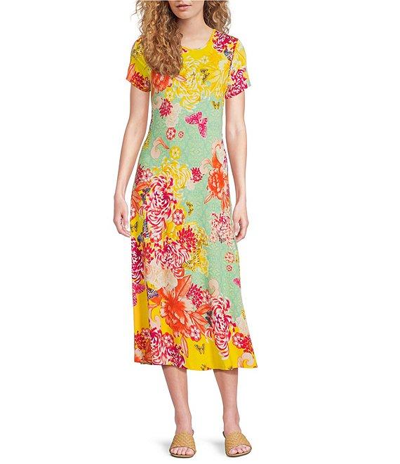 JOHNNY WAS The Janie Favorite Charlie Floral Print Knit Jersey Crew Neck Cap Sleeve Midi Dress Product Image