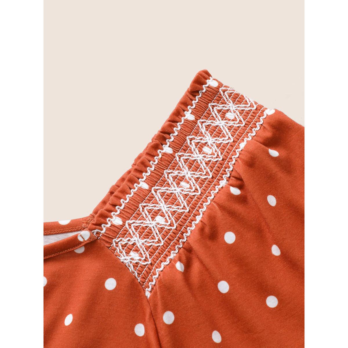 Plus Size Polka Dot Heart Neckline Shirred Ruffles T-shirt OrangeRed Women Resort Shirred Art&design Heart neckline Vacation T-shirts BloomChic 26/4X Product Image