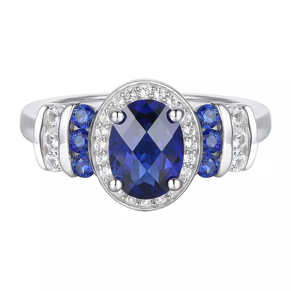 Sterling Silver Lab-Created Blue & White Sapphire Oval Halo Ring, Women's, Size: 7 Product Image