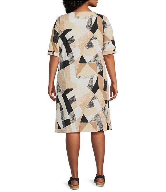 Multiples Plus Size Slub Knit Geometric Multi Scoop Neck Elbow Sleeve Fit And Flare Dress Product Image