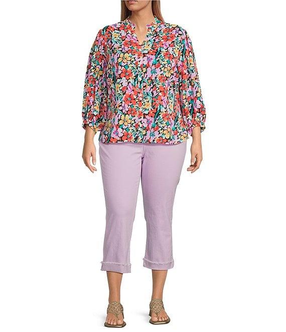 Calessa Plus Size Floral Split V-Neck 3/4 Sleeve Button Front Tunic Product Image