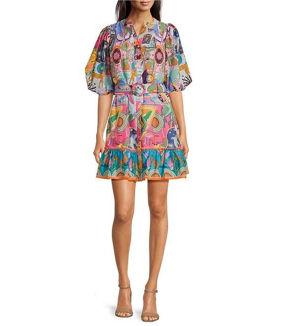 J.Marie Sloane Printed Button Up Puff Sleeve Belted Mini Dress Product Image