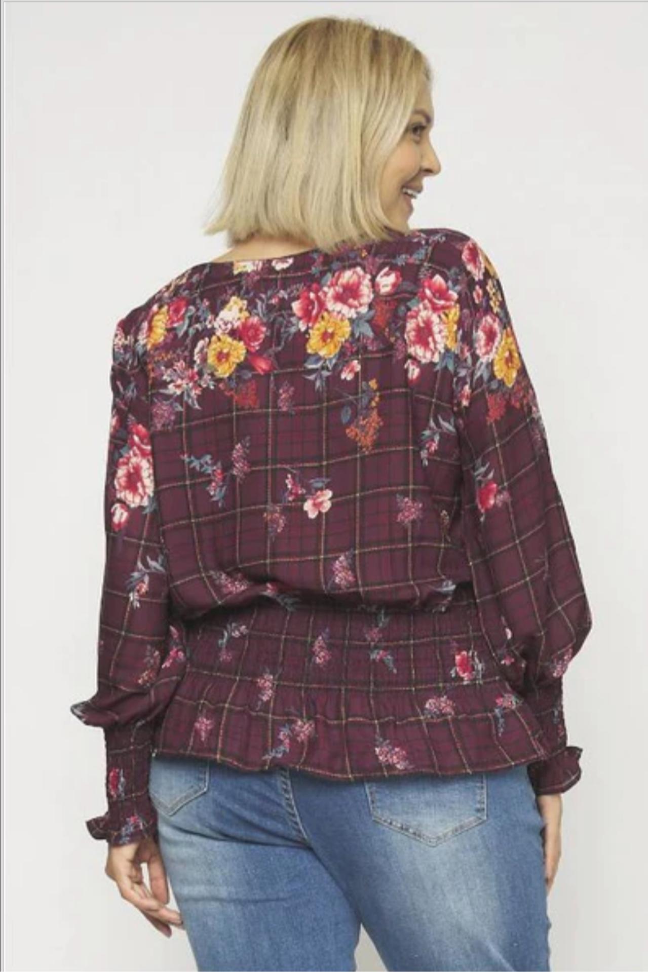 Burgundy plaid floral elasticized waist and sleeve Product Image