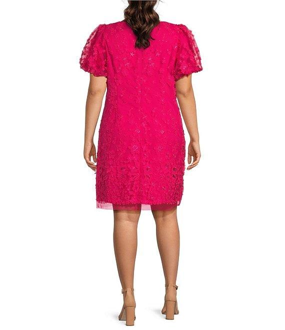 Eliza J Plus Size Short Puffed Sleeve Crew Neck 3D Floral Applique Shift Dress Product Image