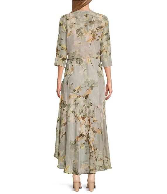 R & M Richards Petite Size Floral Print Chiffon Bolero 3/4 Sleeve V-Neck Asymmetrical Ruffle Hem 2-Piece Jacket Dress Product Image