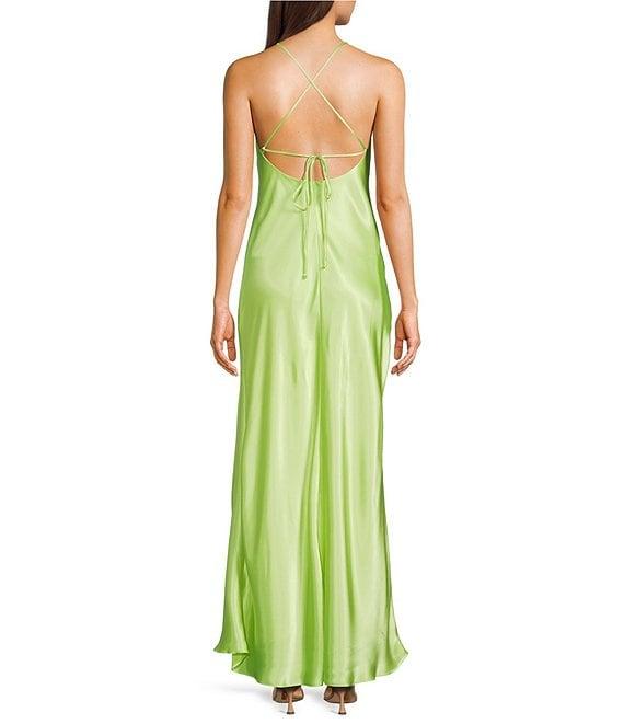Morgan & Co. Sleeveless Long Spaghetti Strap Charmeuse Draped Front And X Back Long Dress Product Image