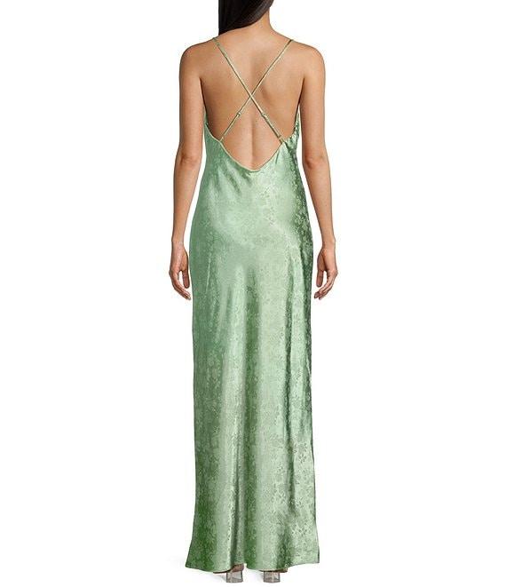 B. Darlin Floral Satin Jacquard Cowl Neck Spaghetti Strap Crisscross Back A-Line Dress Product Image