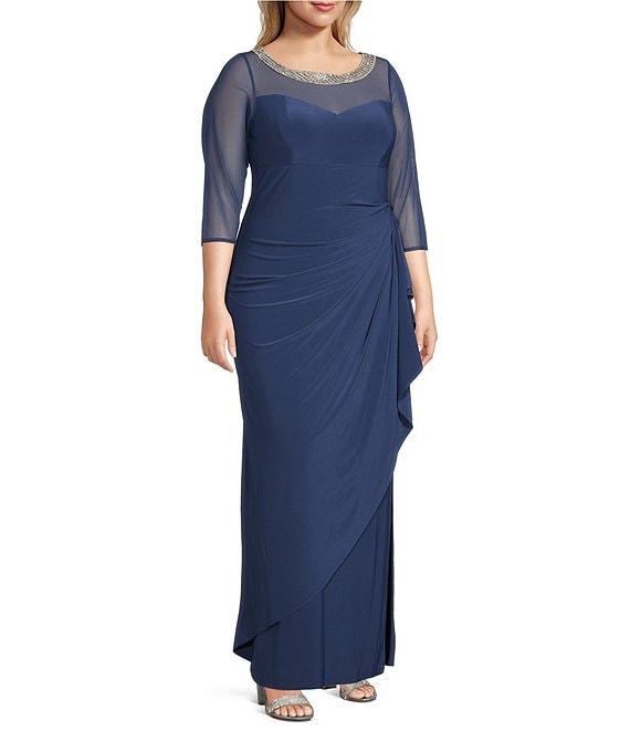 Alex Evenings Plus Size 3/4 Sleeve Illusion Sweetheart Neck Side Slit Ruched Gown Product Image