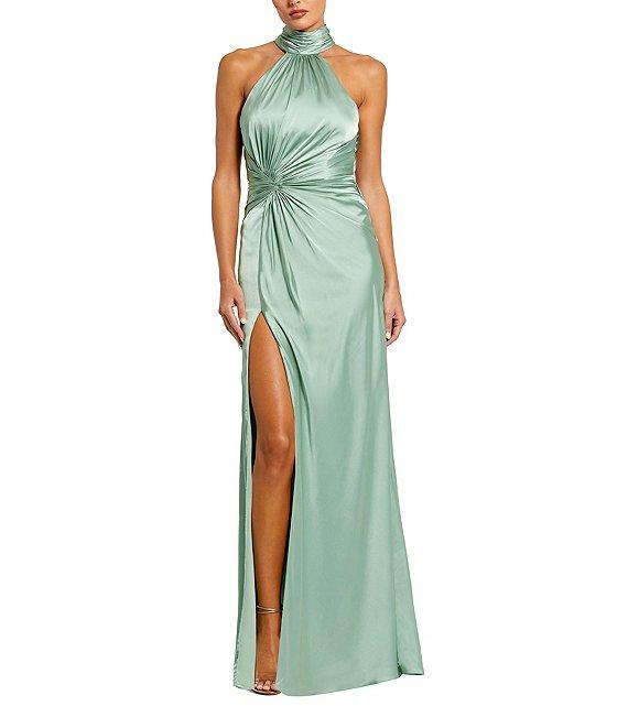 Mac Duggal Satin Halter Mock Neck Sleeveless Side Ruched Gown Product Image